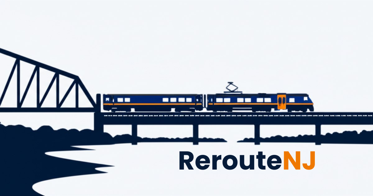 Illustration of an NJ Transit commuter train crossing the Portal North Bridge over the Hackensack River, rendered in navy blue and orange